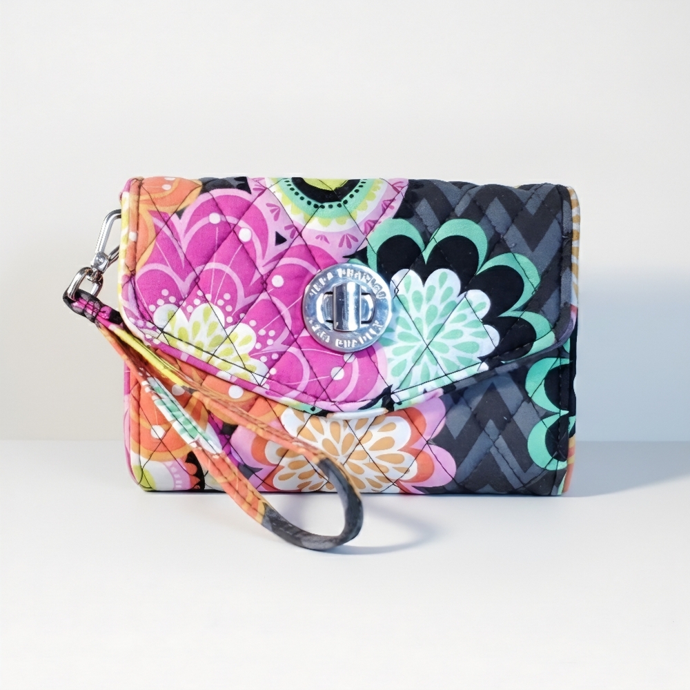 Vera Bradley Wristlet Wallet Pouch Floral Cotton Quilted Pink Grey Orange Strap